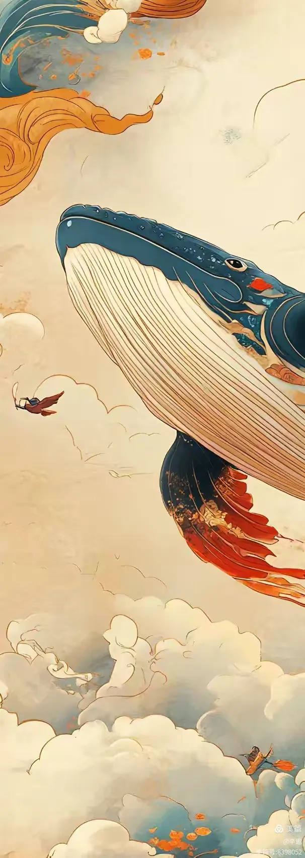 画面中央,一条蓝白相间的鲸鱼正在空中游弋